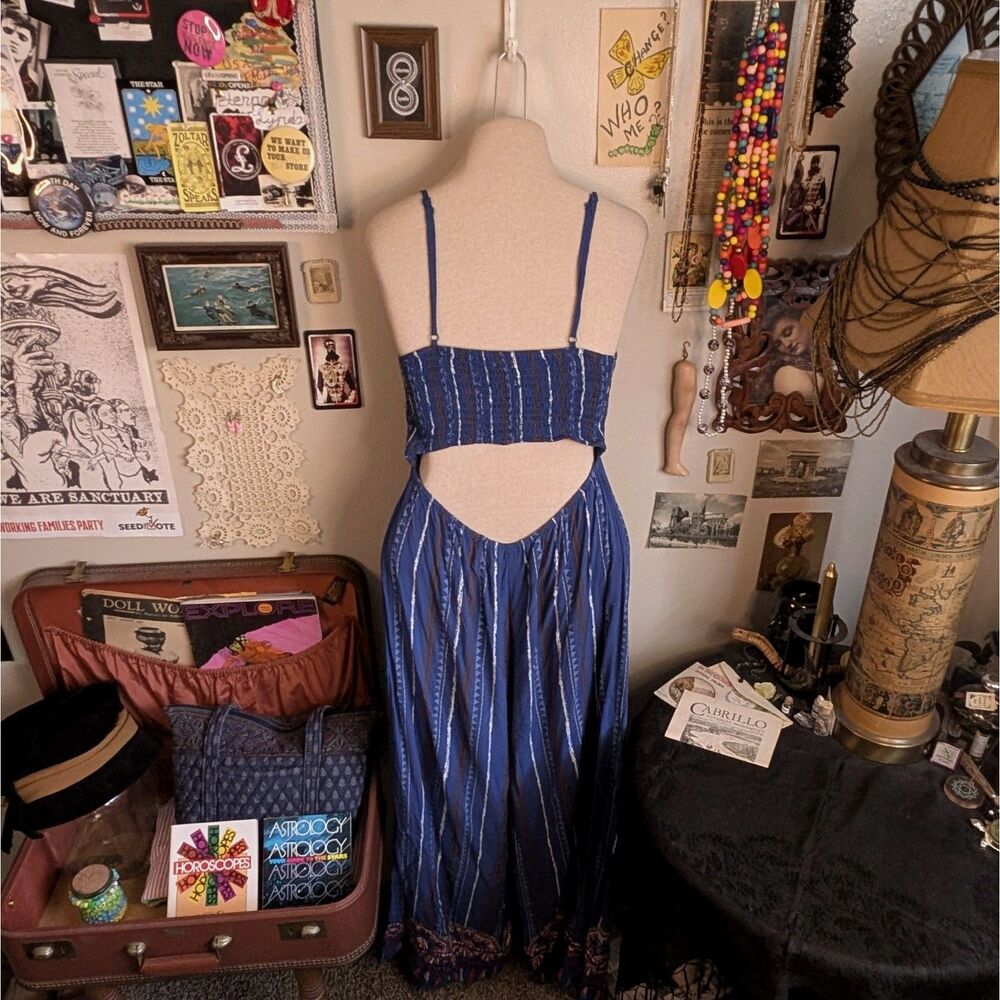 Striped Wide Palazzo Leg Jumpsuit Women's Small Blue Strappy Bohemian Print - Picture 3 of 4